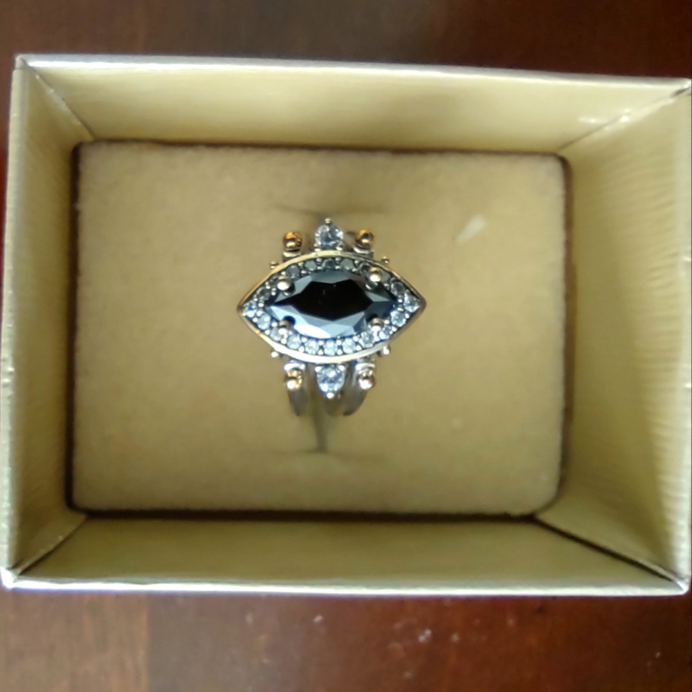 Antique Style Double Band Ring Dark Stone, Sz 7-8